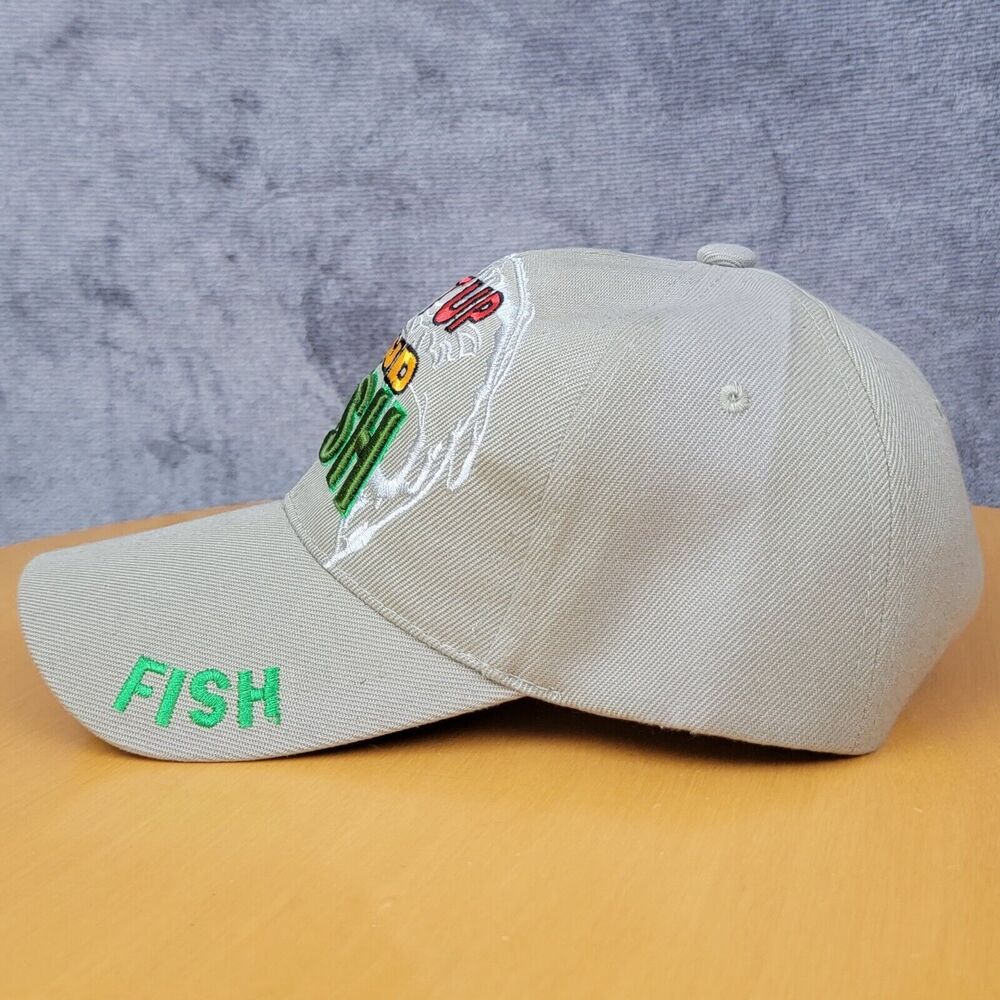 Embroidered Shut Up & Fish Fishing Hat Biege Adjustable Hook & Loop Trucker Cap - Picture 9 of 16